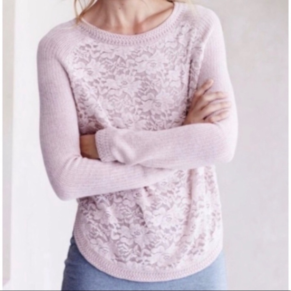 Anthropologie Knitted & Knotted Lace Front Sweater in Light Pink, Size Medium